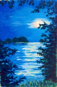 Evening Pond, acrylic on paper, 26 ½ x 19 ½, framed (sold)