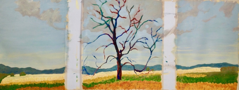 Lightning Tree, triptych, acrylic on paper, two sections, 26 ½ x 19 ½&amp;, framed, one section 26 ½” x 23 ½”, framed