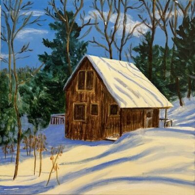 Cabin in Winter 18" x 18" acrylic on canvas